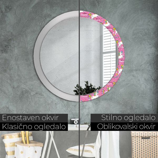 Specchio tondo con cornice stampata Un unicorno magico