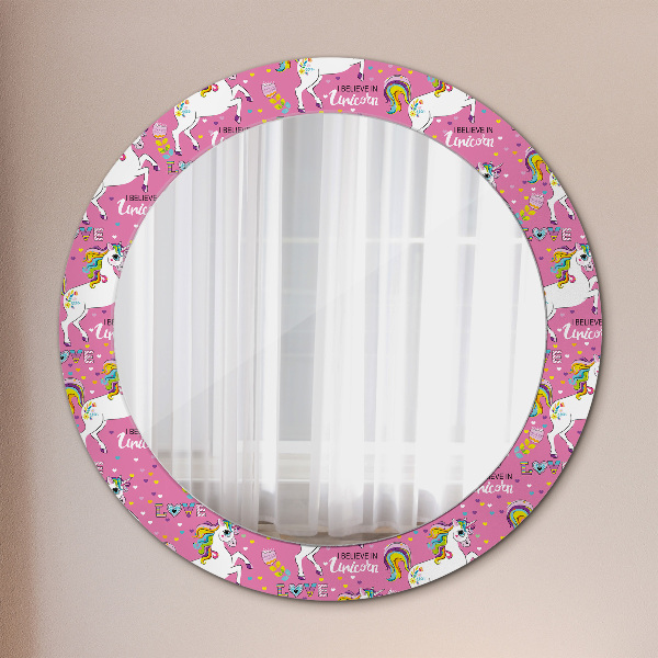 Specchio tondo con cornice stampata Un unicorno magico
