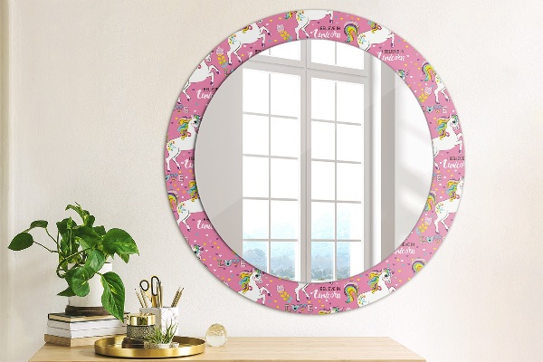 Specchio tondo con cornice stampata Un unicorno magico
