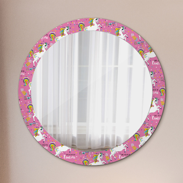 Specchio tondo con cornice stampata Un unicorno magico