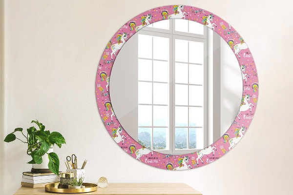 Specchio tondo con cornice stampata Un unicorno magico