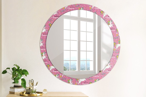 Specchio tondo con cornice stampata Un unicorno magico
