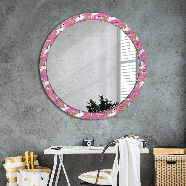 Specchio tondo con cornice stampata Un unicorno magico