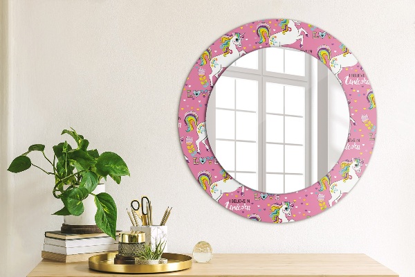 Specchio tondo con cornice stampata Un unicorno magico