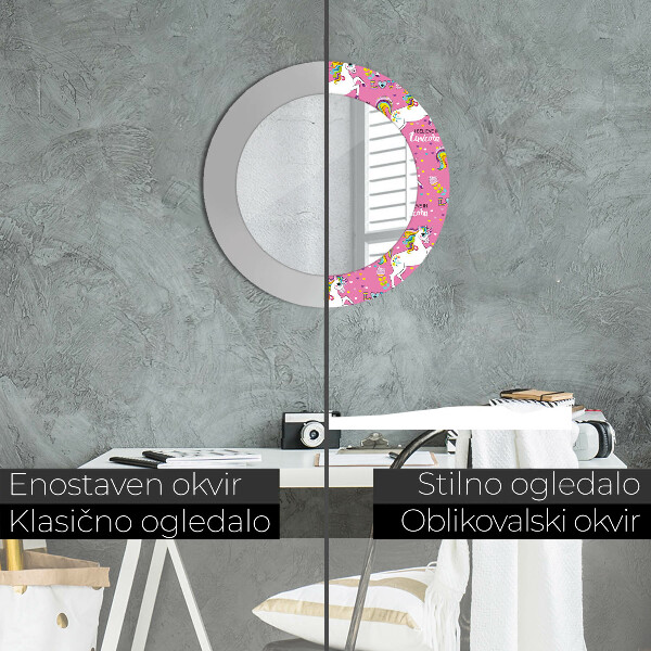 Specchio tondo con cornice stampata Un unicorno magico