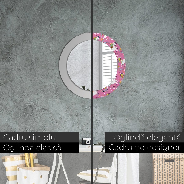 Specchio tondo con cornice stampata Un unicorno magico