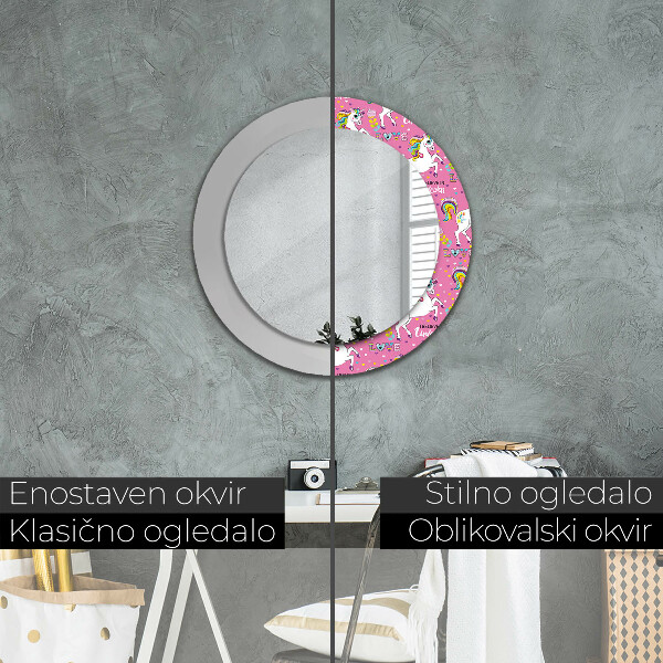 Specchio tondo con cornice stampata Un unicorno magico