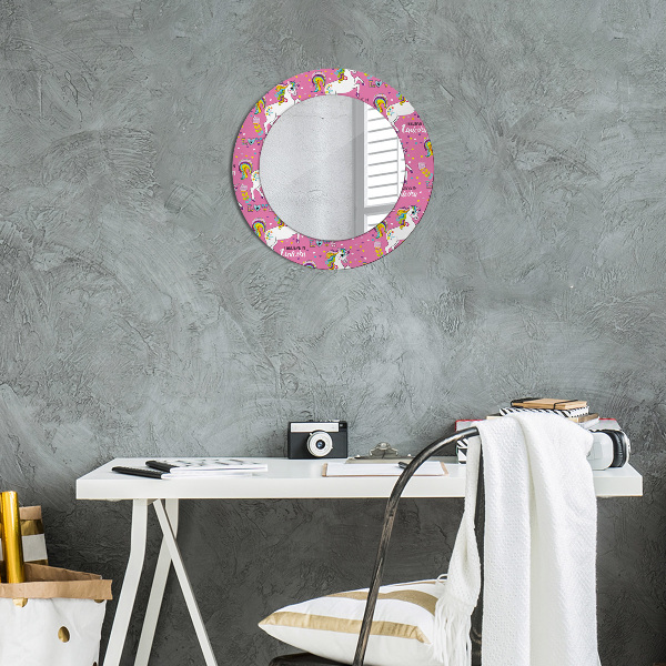 Specchio tondo con cornice stampata Un unicorno magico
