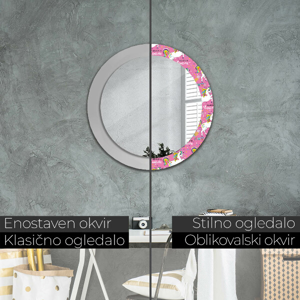 Specchio tondo con cornice stampata Un unicorno magico