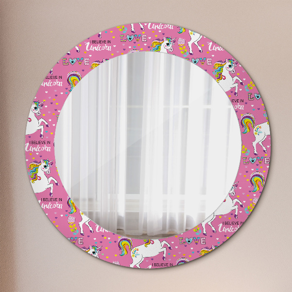 Specchio tondo con cornice stampata Un unicorno magico