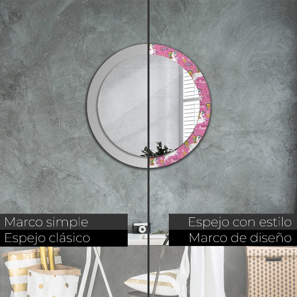 Specchio tondo con cornice stampata Un unicorno magico