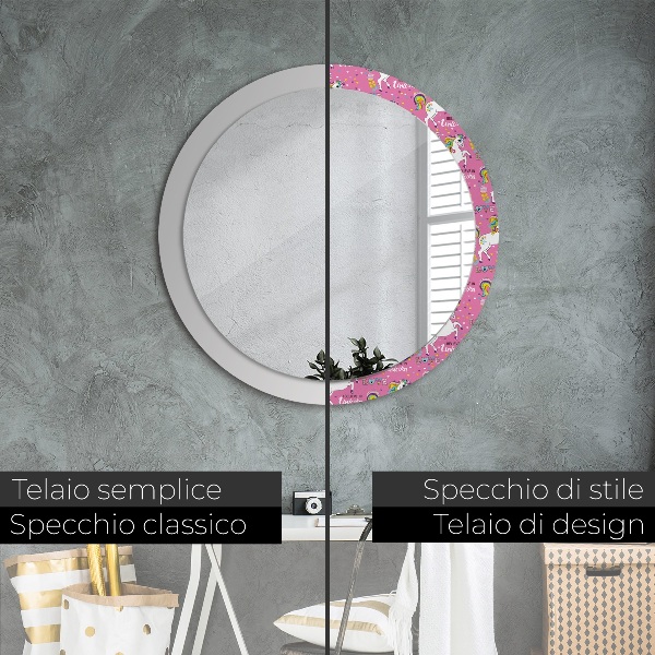 Specchio tondo con cornice stampata Un unicorno magico