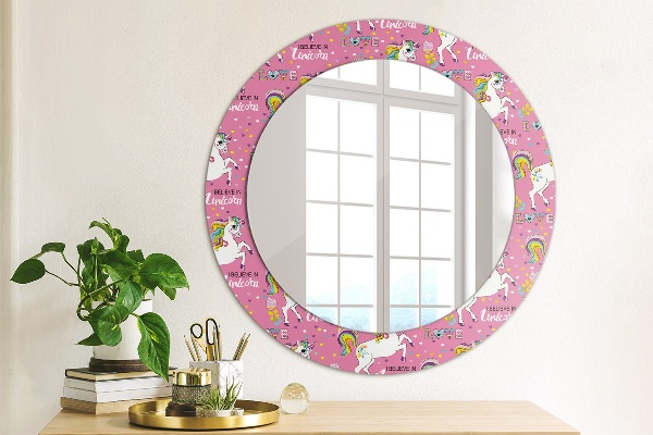 Specchio tondo con cornice stampata Un unicorno magico