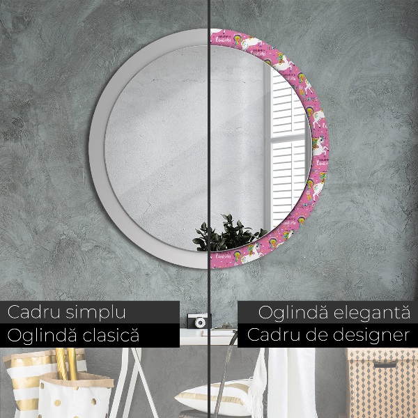 Specchio tondo con cornice stampata Un unicorno magico