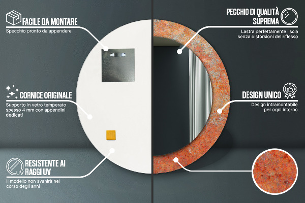 Specchio tondo con cornice stampata Metallo arrugginito