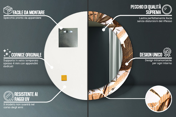 Specchio tondo con cornice stampata foglie di palma