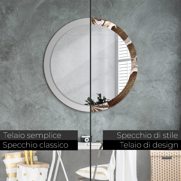 Specchio tondo con cornice stampata foglie di palma
