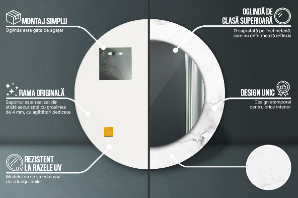 Specchio tondo con cornice stampata marmo bianco