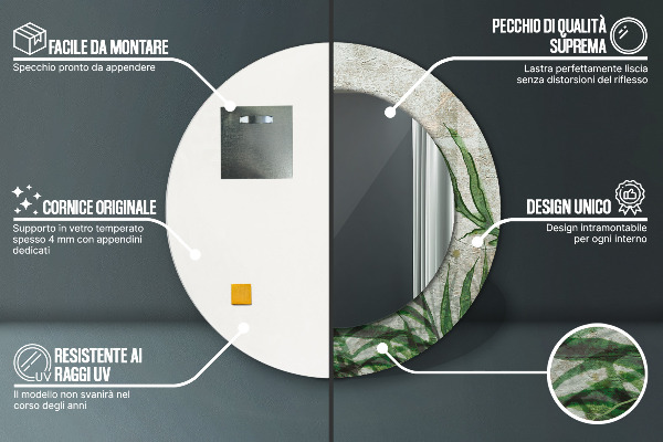 Specchio tondo con cornice stampata Foglie di felce