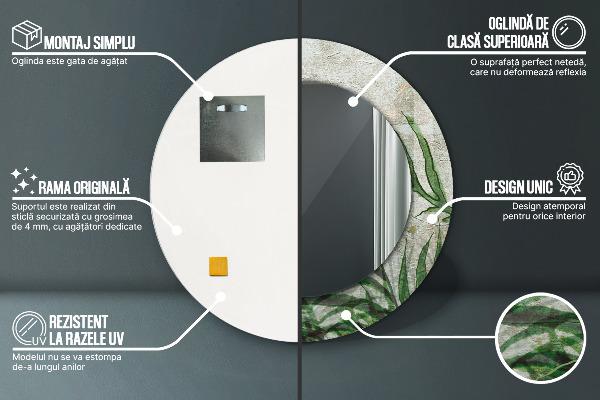 Specchio tondo con cornice stampata Foglie di felce