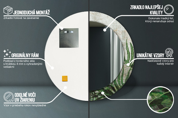 Specchio tondo con cornice stampata Foglie di felce