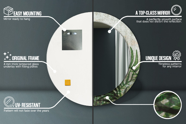 Specchio tondo con cornice stampata Foglie di felce