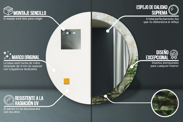 Specchio tondo con cornice stampata Foglie di felce