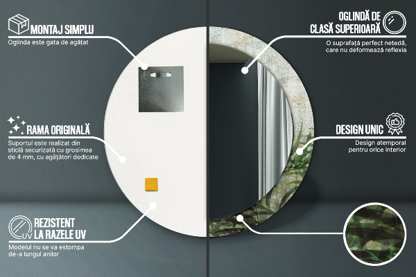 Specchio tondo con cornice stampata Foglie di felce