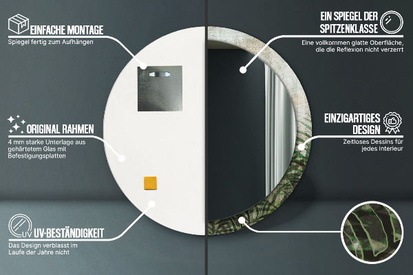 Specchio tondo con cornice stampata Foglie di felce