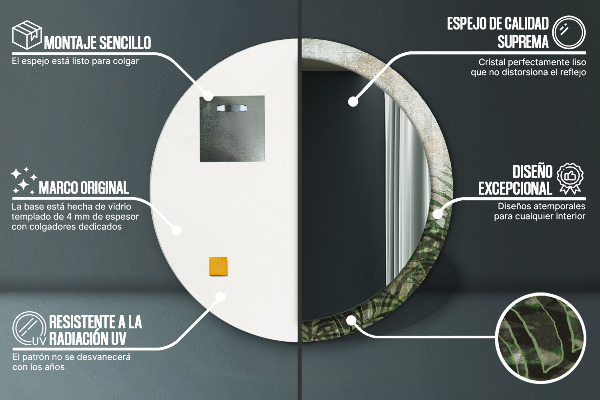 Specchio tondo con cornice stampata Foglie di felce