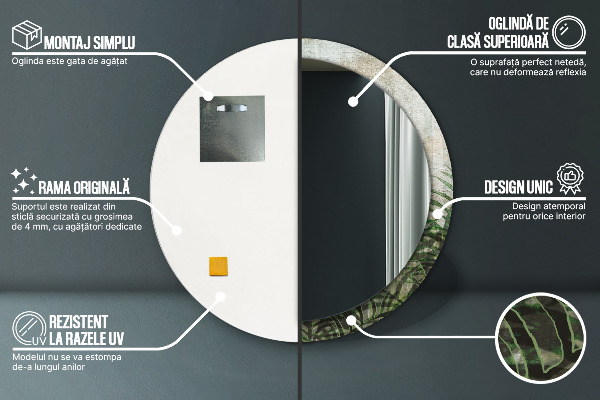 Specchio tondo con cornice stampata Foglie di felce