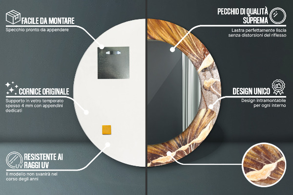 Specchio tondo decoro foglie dorate