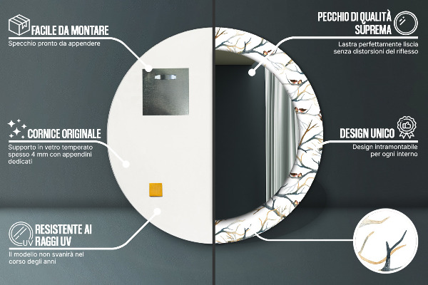 Specchio tondo decoro Passeri uccelli rami