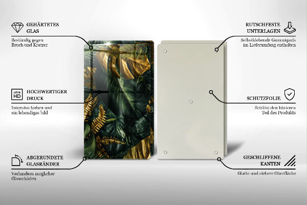 Copri piano cottura in vetro Foglie dorate di monstera