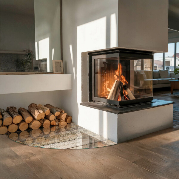 Vetro sotto il camino Tavola di legno nel layout