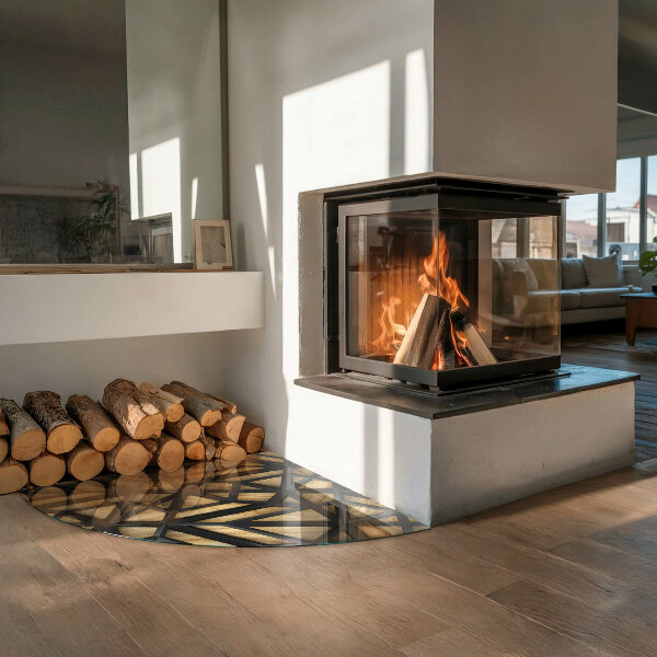 Vetro sotto il camino Geometria con il legno