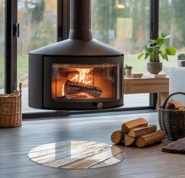 Rotonda vetro sotto stufa Tavola di legno danneggiata