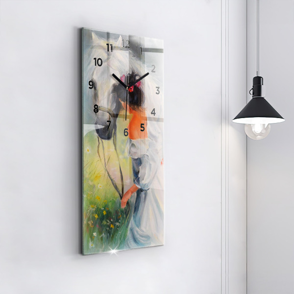 Orologio verticale in vetro Bella donna con un cavallo
