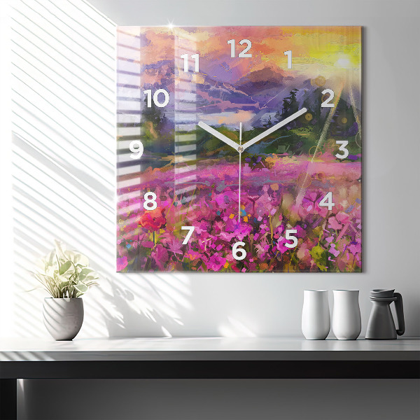 Orologio quadrato in vetro Prato al tramonto