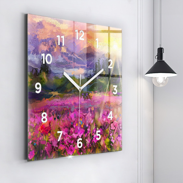 Orologio quadrato in vetro Prato al tramonto
