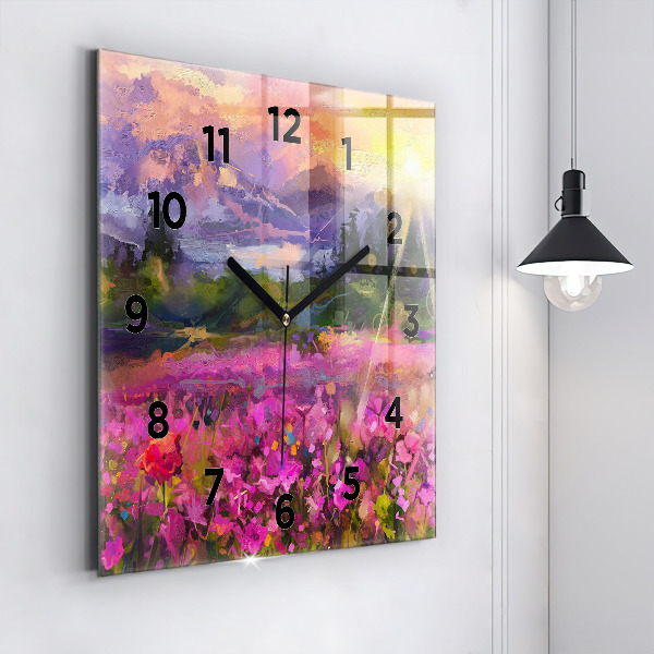 Orologio quadrato in vetro Prato al tramonto