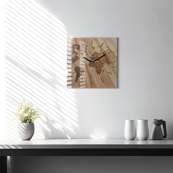 Orologio quadrato Mappa del mondo su legno