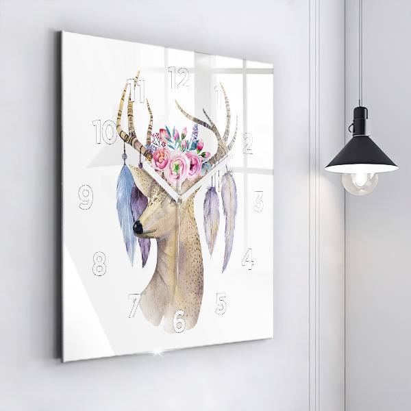 Orologio quadrato in vetro Testa di cervo e fiori