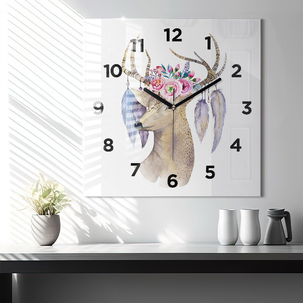 Orologio quadrato in vetro Testa di cervo e fiori
