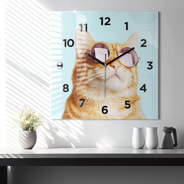 Orologio quadrato in vetro Gatto divertente con gli occhiali