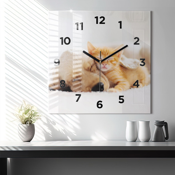 Orologio quadrato in vetro Gatto e cane addormentati