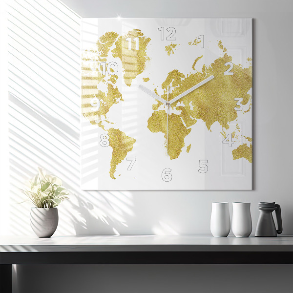 Orologio quadrato in vetro Mappa dorata del mondo