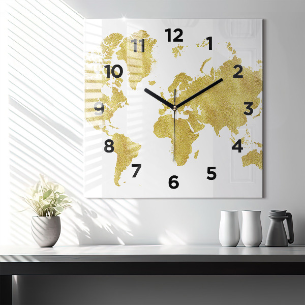 Orologio quadrato in vetro Mappa dorata del mondo