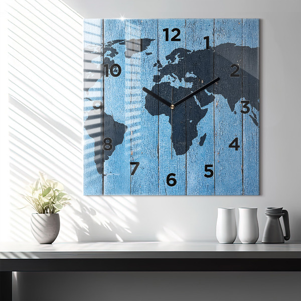 Orologio quadrato in vetro Mappa del mondo su tavole