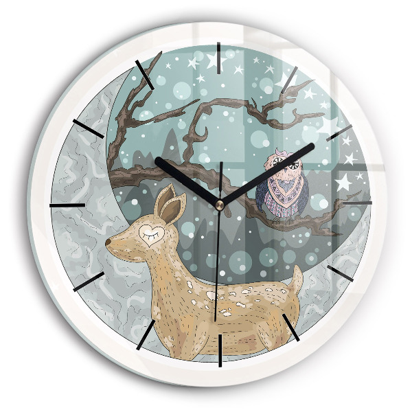 Orologio rotondo in vetro Animali notturni e la luna